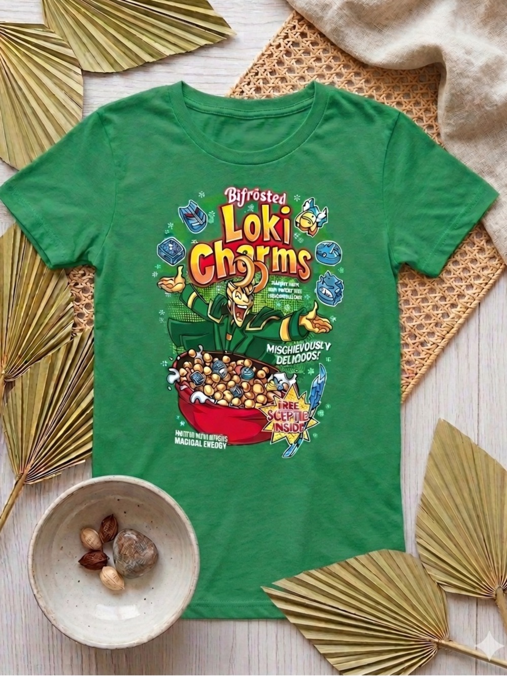 TEETURTLE Women’s Loki Charms Graphic Tee - Marvel Parody Cereal Kelly Green
